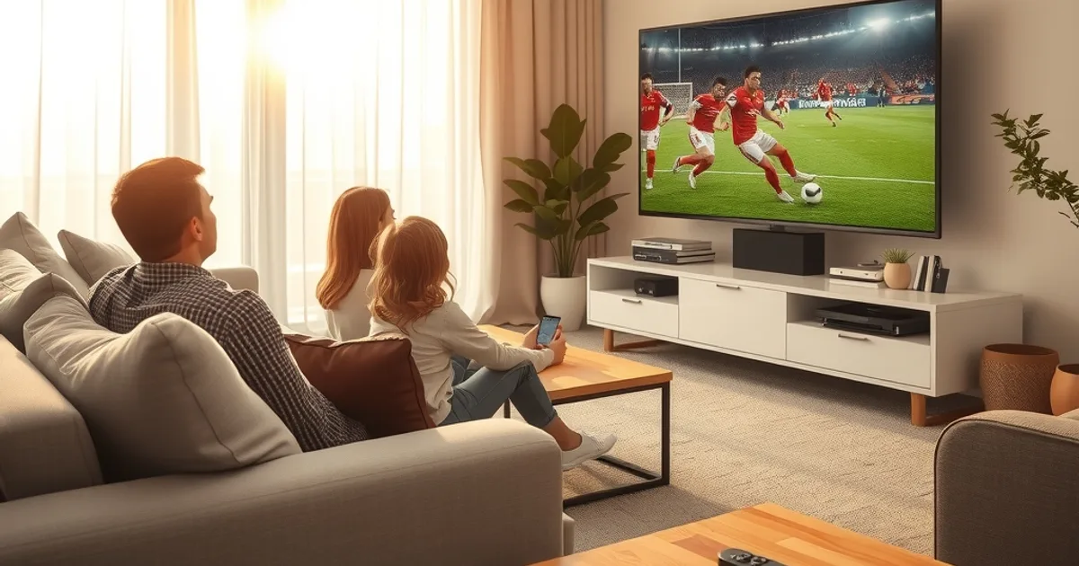 Eine Familie sitzt entspannt im hellen, sonnendurchfluteten Wohnzimmer und schaut gemeinsam ein Fußballspiel auf einem großen Flachbildfernseher.