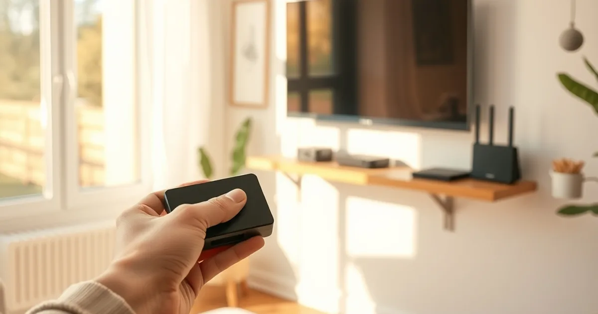 Person hält eine kleine Streaming-Box vor einem modernen Flachbildfernseher in einem hellen, sonnigen Wohnzimmer.