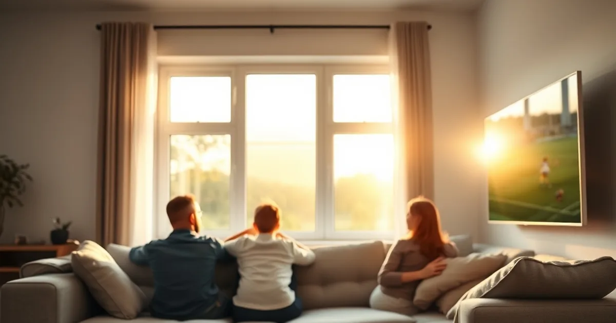 Familie sitzt entspannt im hellen Wohnzimmer und schaut gemeinsam ein Bundesliga-Spiel auf dem Fernseher