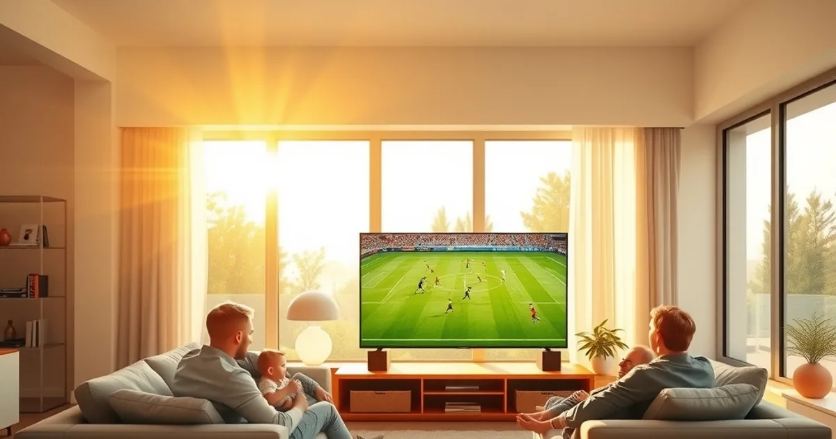 Familie sitzt an einem hellen Samstagnachmittag im Wohnzimmer und schaut gemeinsam ein Bundesliga-Spiel im Fernsehen.