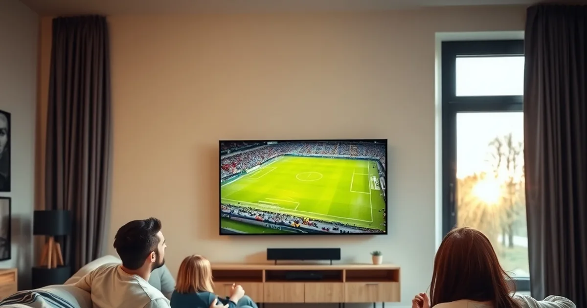 Familie schaut abends gemeinsam ein Champions-League-Spiel auf einem großen Fernseher im hellen Wohnzimmer