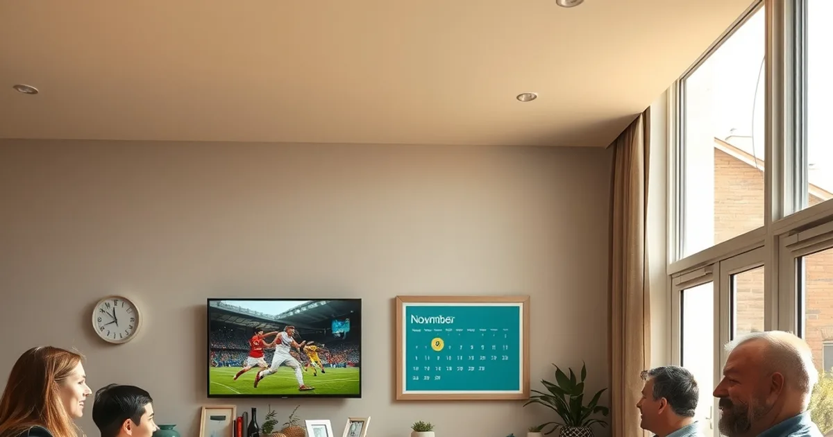Freunde richten in einem hellen Wohnzimmer am Nachmittag den Fernseher für einen Champions-League-Abend im November ein.