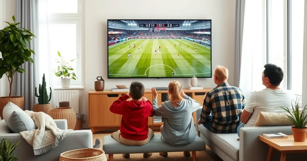 Familie schaut gemeinsam auf dem Sofa im hellen Wohnzimmer ein Fußballspiel im Fernsehen