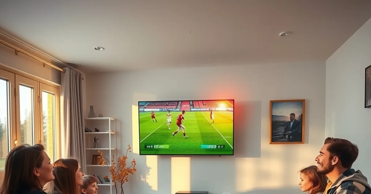 Freunde schauen bei Tageslicht gemeinsam ein Fußballspiel auf einem großen Fernseher im Wohnzimmer
