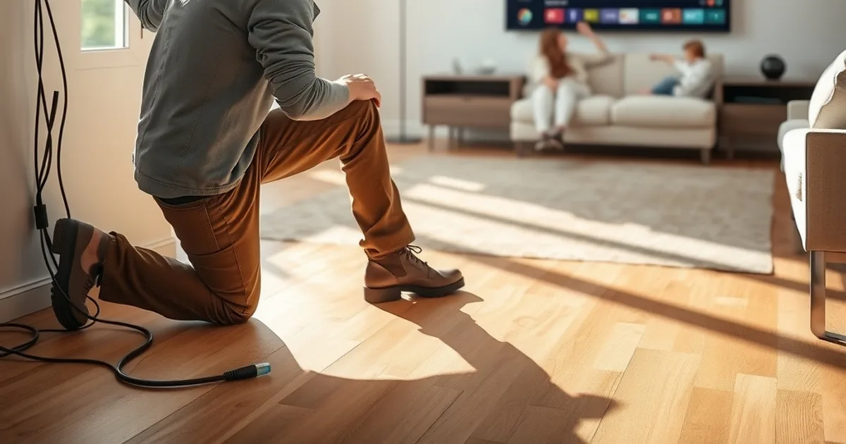 Techniker installiert einen Glasfaseranschluss in einem hellen Wohnzimmer, während eine Familie im Hintergrund auf dem Sofa fernsieht
