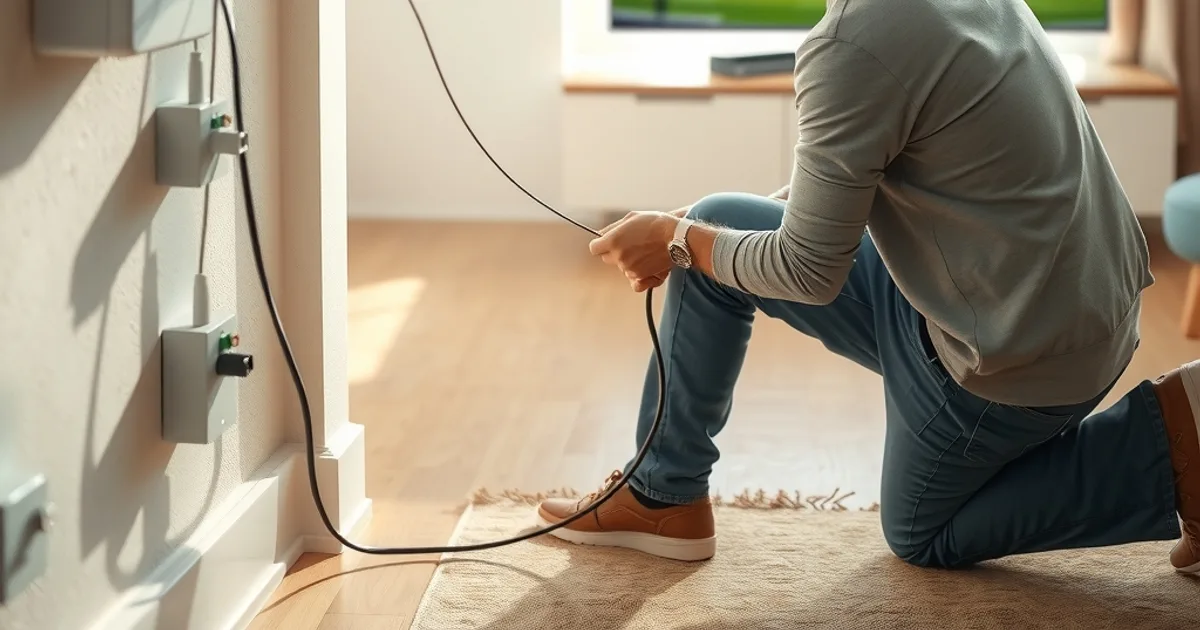 Techniker installiert einen Glasfaser-Netzabschluss an der Wand eines hellen Wohnzimmers, im Hintergrund läuft ein Fußballspiel auf dem Fernseher