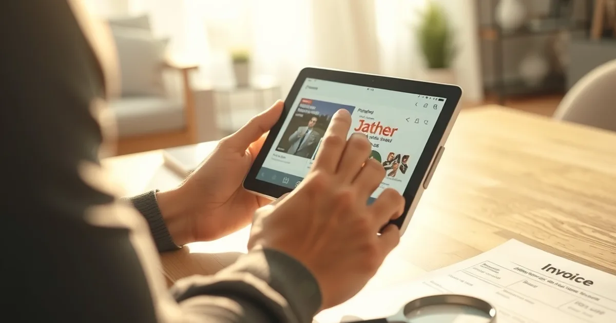 Person prüft am Tisch bei Tageslicht auf einem Tablet die App-Store-Seite eines Streaming-Anbieters, daneben liegen eine Lupe und eine Rechnung.