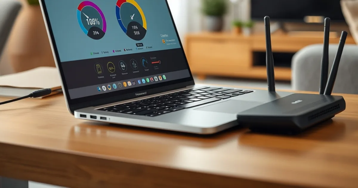 Laptop zeigt ein Geschwindigkeitstest-Diagramm neben einem Router, Fernseher leuchtet im Hintergrund