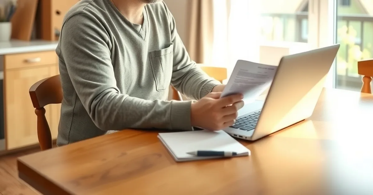 Ein Mann sitzt am Küchentisch bei Tageslicht und liest ruhig einen offiziellen Brief, daneben ein aufgeklappter Laptop.