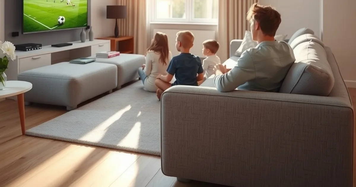 Eine Familie schaut bei Tageslicht entspannt ein Fußballspiel im Wohnzimmer über einen Smart-TV