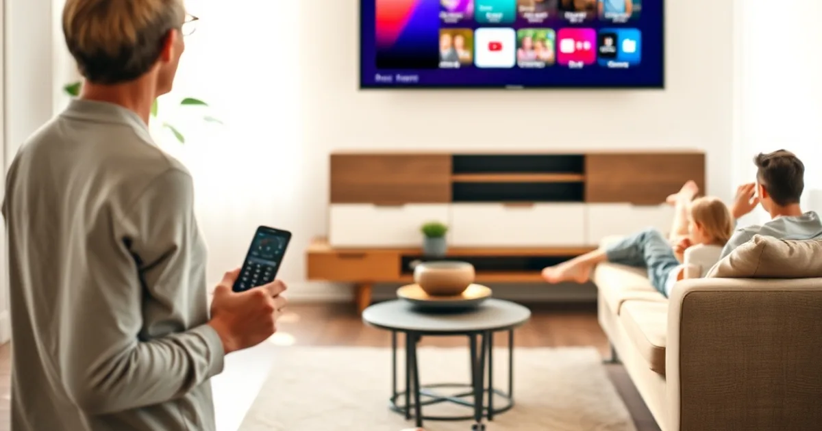 Person navigiert mit der Fernbedienung durch den App-Store eines Smart TVs in einem hellen Wohnzimmer, im Hintergrund sitzt die Familie auf dem Sofa.