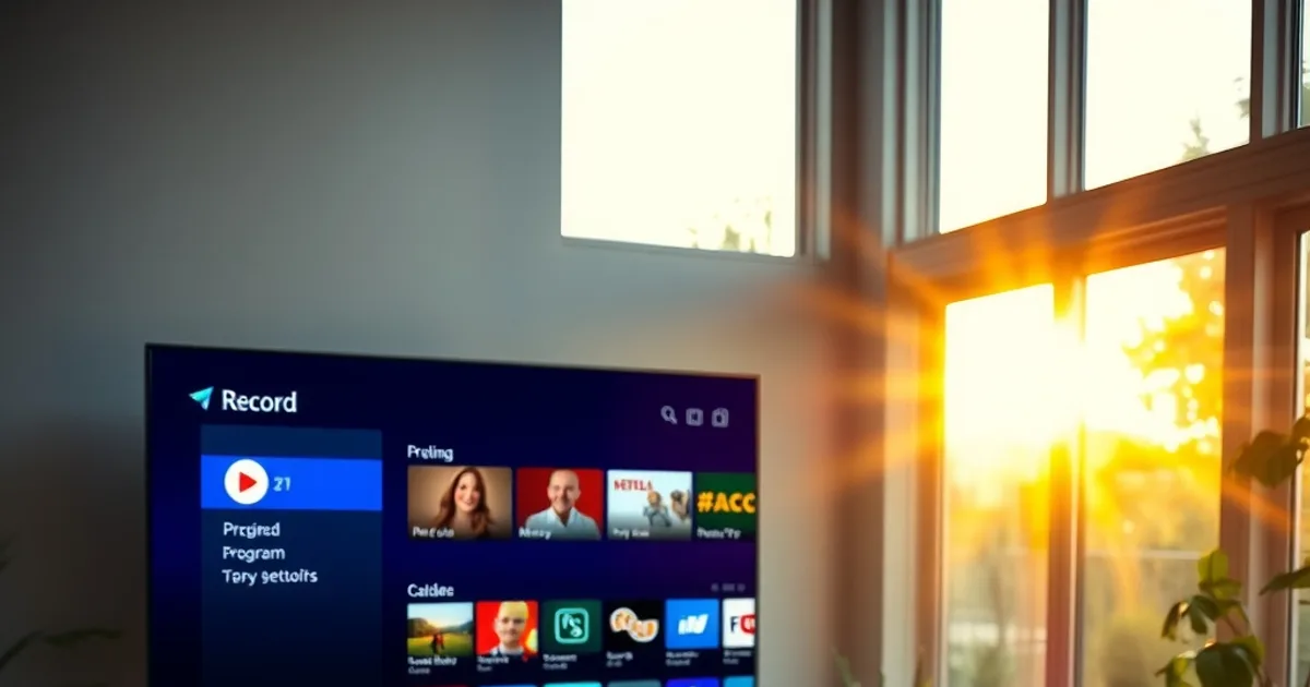 Person entspannt auf dem Sofa in einem hellen Wohnzimmer, bedient die Fernbedienung vor einem Fernseher mit Programmführer, warmes Tageslicht durch große Fenster