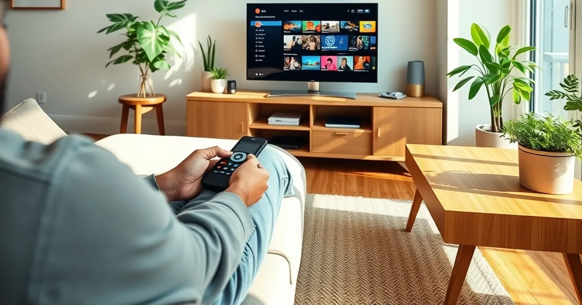 Person entspannt auf dem Sofa in einem hellen Wohnzimmer, richtet mit der Fernbedienung Chromecast mit Google TV am Fernseher ein