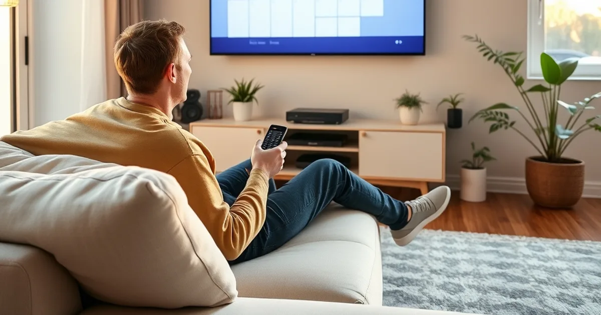 Person sitzt im hellen Wohnzimmer auf dem Sofa und schaut ratlos auf einen Fernseher mit leerer Programmübersicht