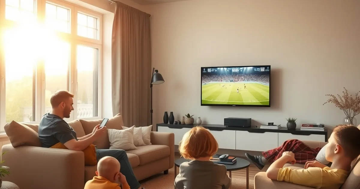 Familie sitzt entspannt im hellen Wohnzimmer und schaut gleichzeitig auf Fernseher, Tablet und Smartphone