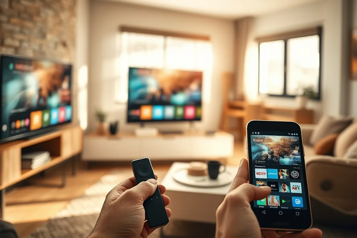 Smart-TV, kleine Streaming-Box und Smartphone zeigen nebeneinander dieselbe Oberfläche in einem hellen Raum