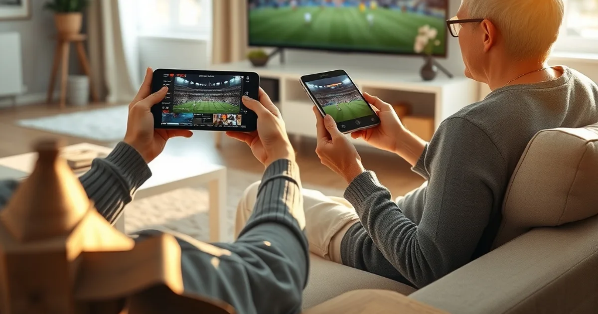 Eine Person vergleicht auf Smartphone und Tablet zwei Streams, im Hintergrund läuft ein Fußballspiel auf dem Fernseher, helles Wohnzimmer am Nachmittag