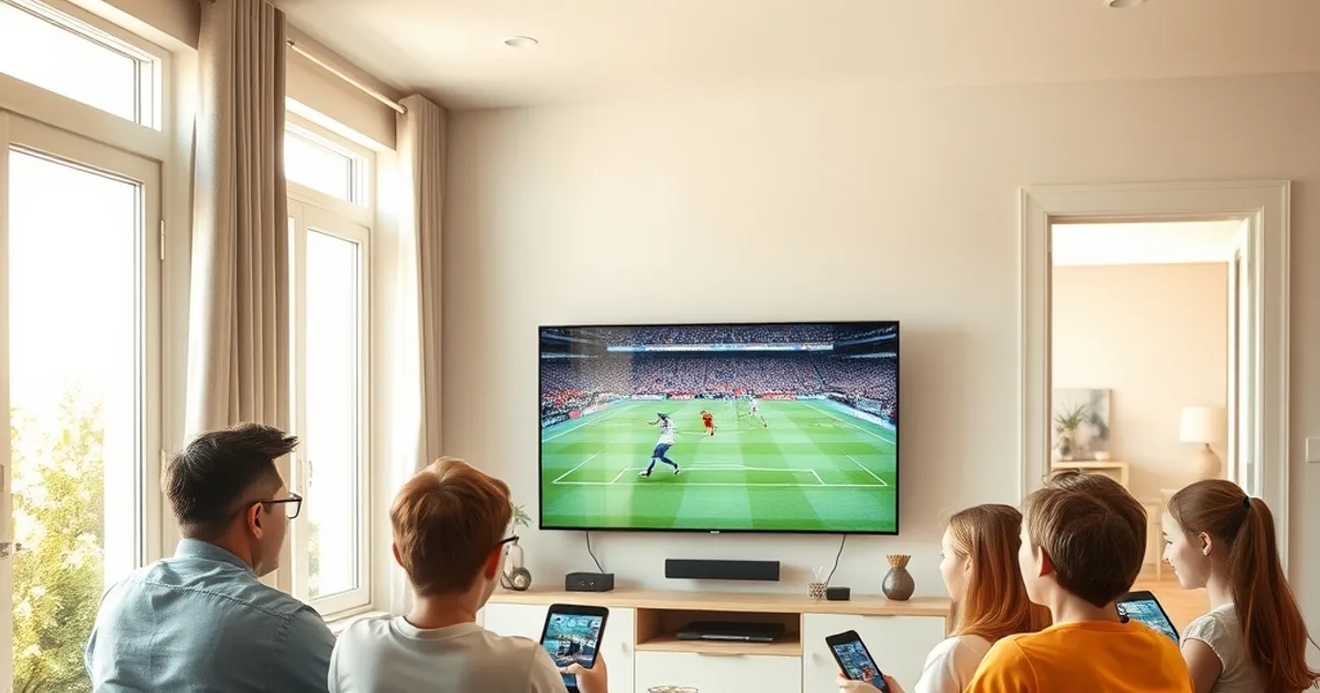 Familie schaut gemeinsam Fußball im Wohnzimmer, während im Hintergrund weitere Familienmitglieder auf Tablet und Smartphone streamen