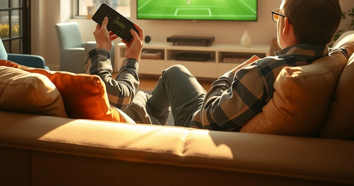 Eine Person sitzt im hellen Wohnzimmer auf dem Sofa und stellt mit der Fernbedienung die Streaming-Einstellungen für ein Fußballspiel auf dem Fernseher ein