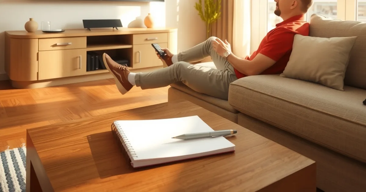 Eine Person sitzt im hellen Wohnzimmer auf dem Sofa und vergleicht mit Notizblock und Fernbedienung verschiedene IPTV-Anbieter auf dem Fernseher