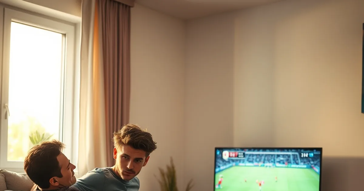 Person prüft am Laptop einen Speedtest, während im Hintergrund der Fernseher mit einem Fußballspiel einfriert