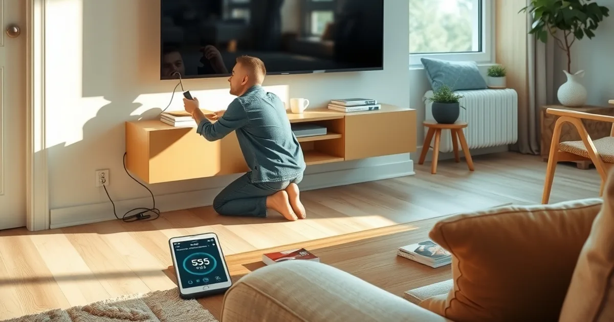 Eine Person installiert bei Tageslicht im Wohnzimmer einen Streaming-Stick am Fernseher, im Hintergrund ein helles Fenster