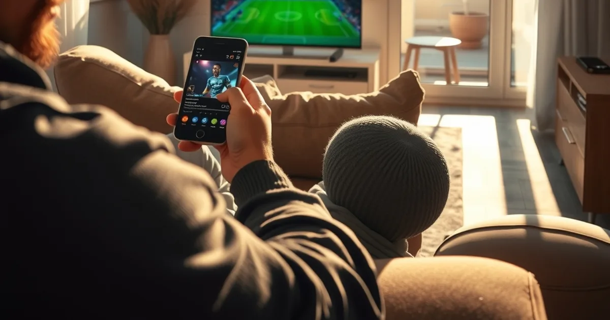 Person entspannt im hellen Wohnzimmer mit Smartphone in der Hand, im Hintergrund läuft ein Fußballspiel auf dem Fernseher, durchs Fenster ist eine Satellitenschüssel auf einem Nachbardach zu sehen