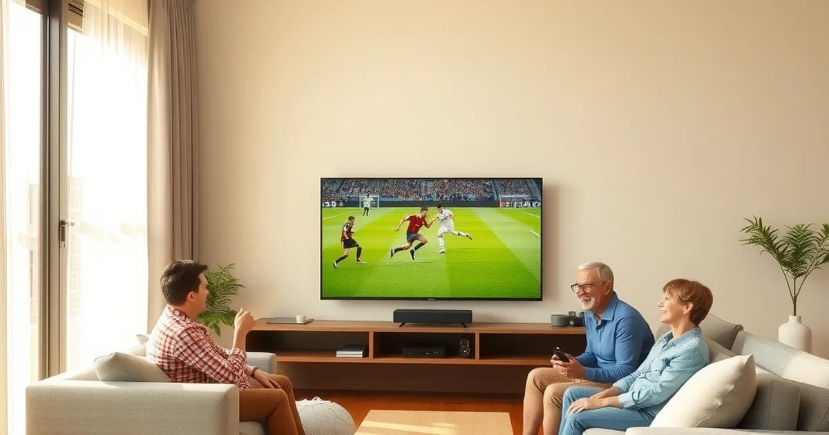 Familie sitzt entspannt im hellen Wohnzimmer und schaut gemeinsam ein Fußballspiel über einen Streaming-Fernseher
