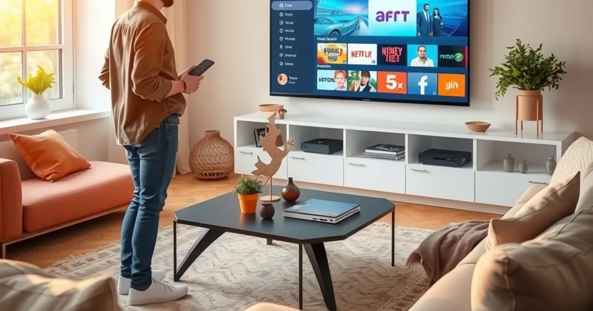 Person navigiert mit der Fernbedienung durch den App-Store eines modernen Smart TVs in einem hellen Wohnzimmer, ohne sichtbare externe Streaming-Box.