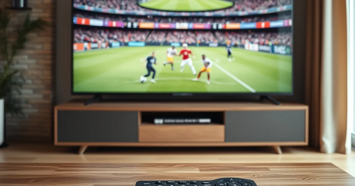 Fernseher zeigt eine Sportübertragung, davor eine Fernbedienung auf dem Sofatisch in hellem Licht