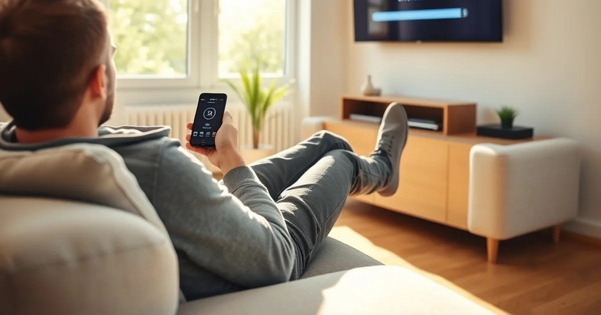 Ein Mann konfiguriert entspannt in einem hellen, sonnigen Wohnzimmer eine VPN-App auf seinem Smartphone, im Hintergrund ein Smart-TV an der Wand.