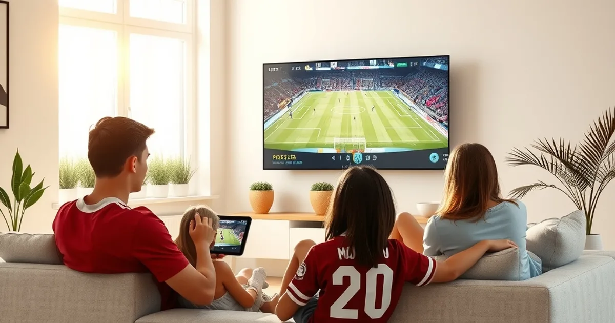 Eine Familie sitzt in einem hellen, sonnendurchfluteten Wohnzimmer zusammen auf dem Sofa und verfolgt ein Fußballspiel auf dem Fernseher, während ein Jugendlicher parallel ein zweites Spiel auf dem Tablet schaut.