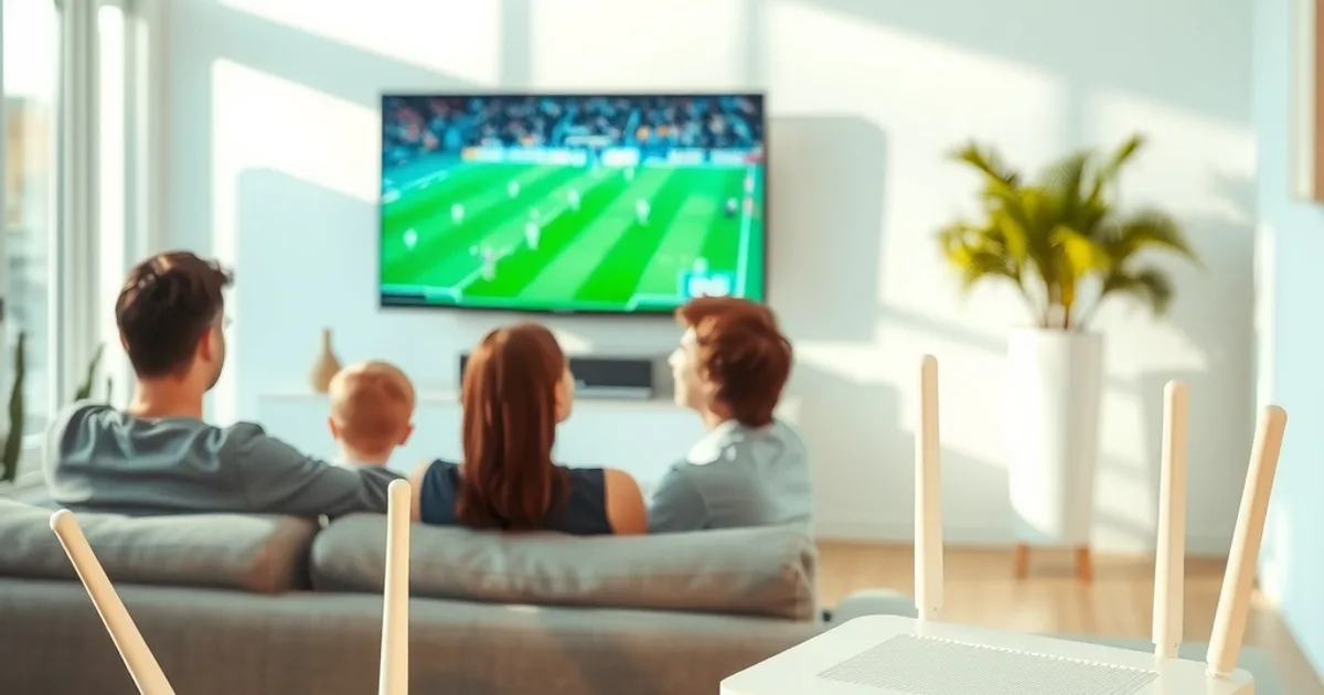 Eine Gruppe Freunde schaut bei Tageslicht ein Fußballspiel auf einem großen Fernseher, im Vordergrund steht ein WLAN-Router auf einem Regal